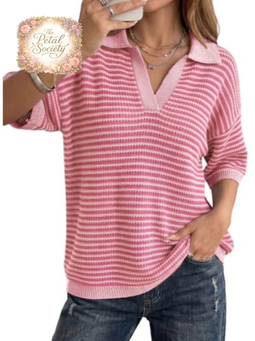 Dokotoo Half Sleeve Striped Knit V Neck Collared Sweater Top